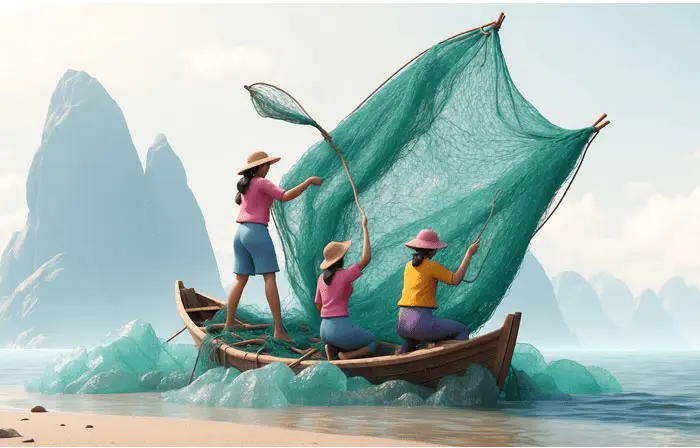 Women Sea Fishing Scene 3D Character Illustration